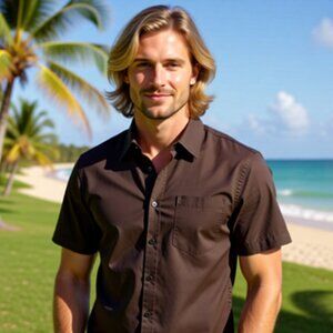 Men’s Brown Linen Short‑Sleeve Button‑Down Shirt - Medium